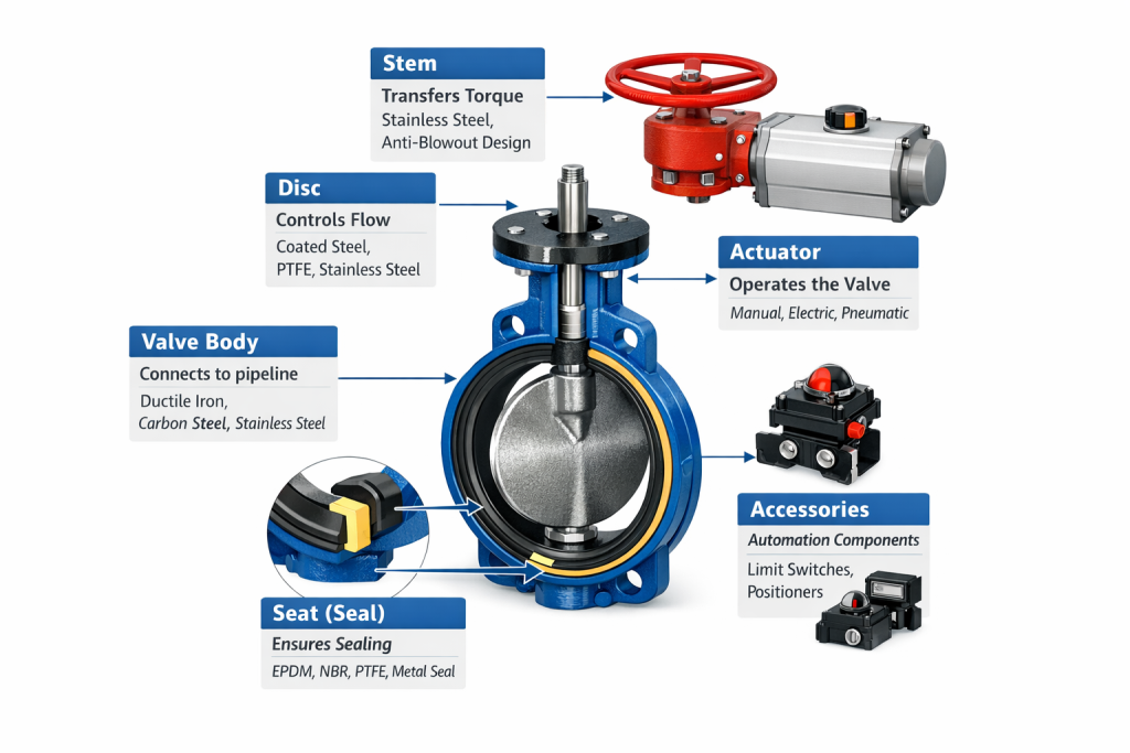 FTK-Butterfly valve components and options diagram