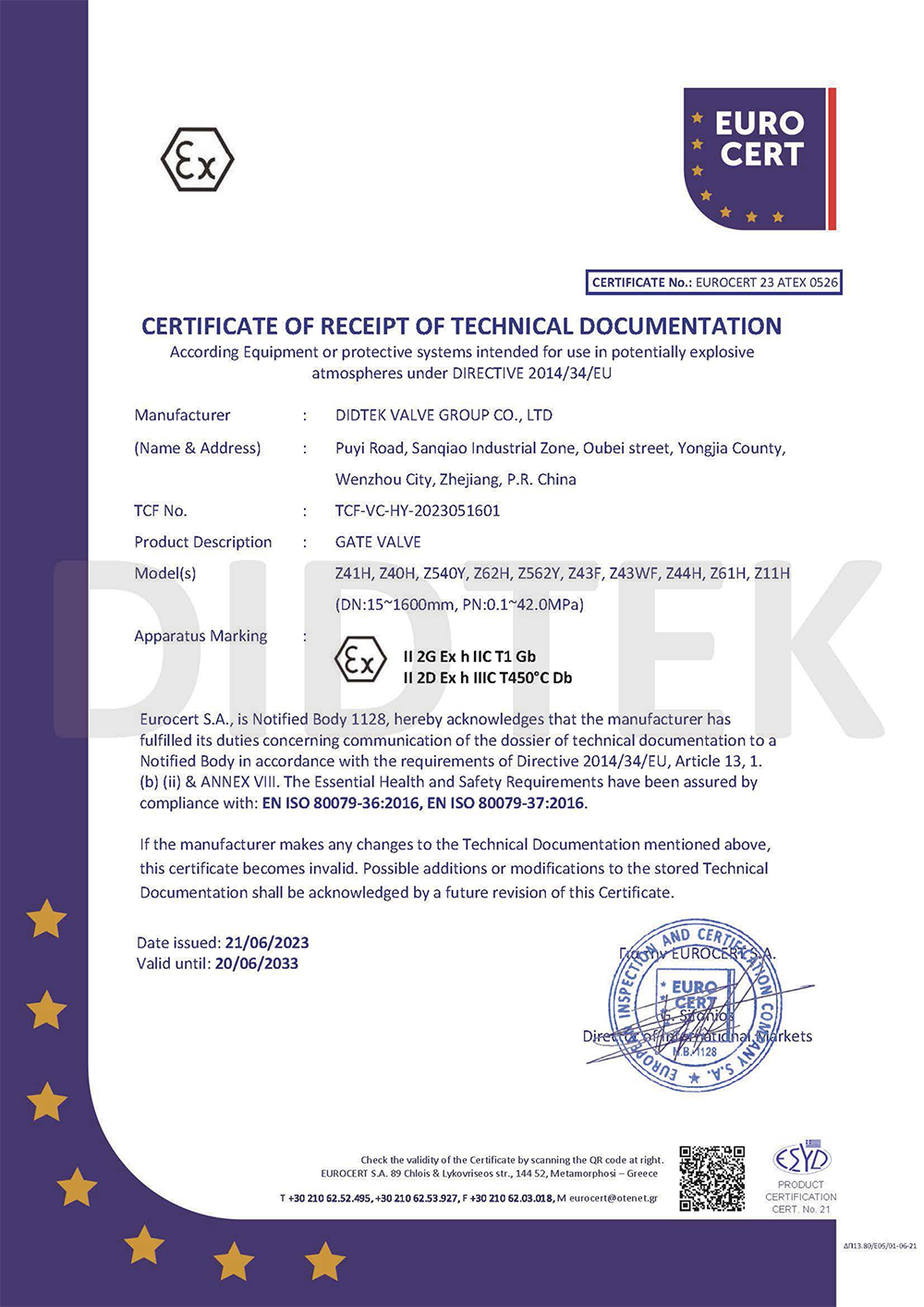 FULL-THINK / Didtek ATEX certification for gate valves